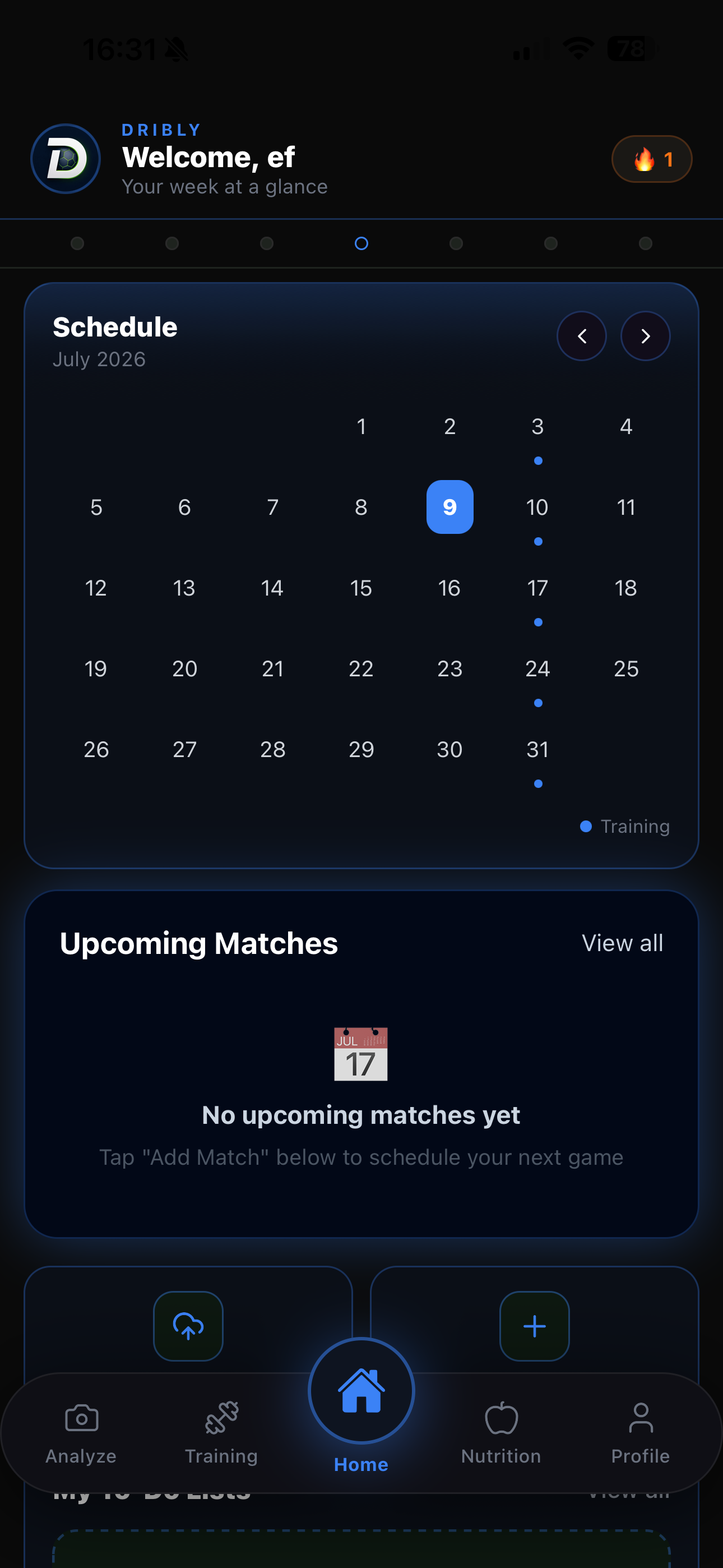 Dribly AI football coaching app home schedule screen