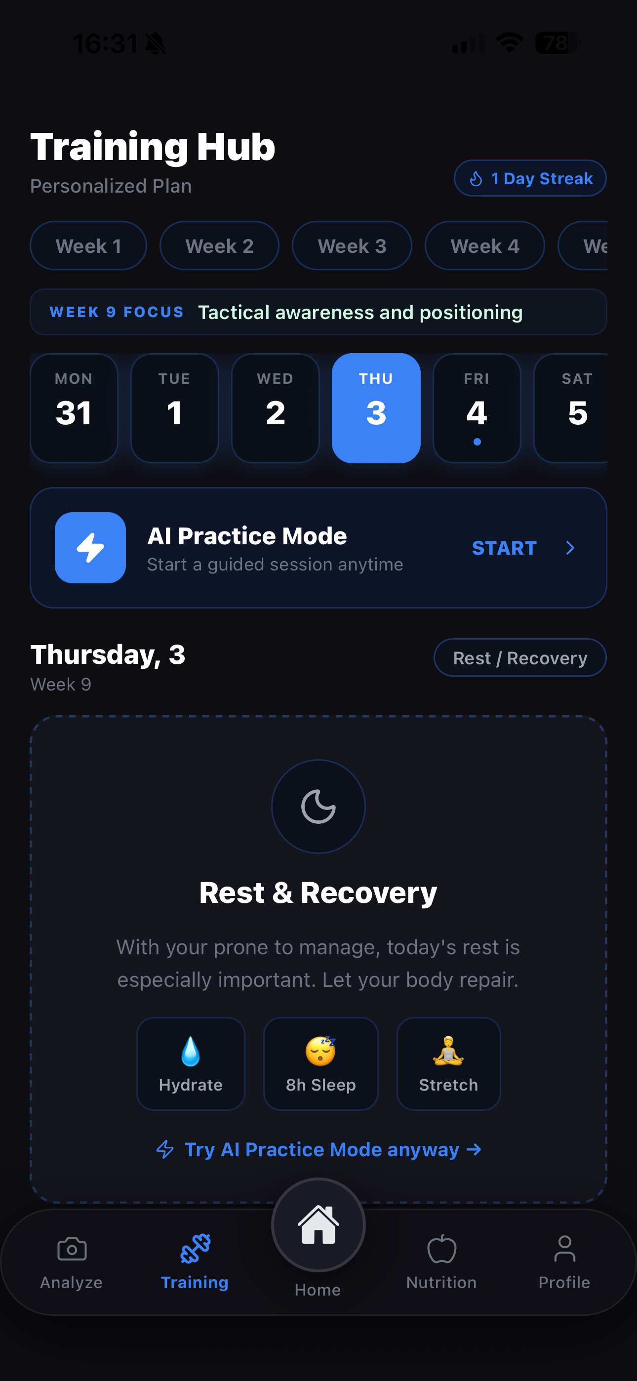 Dribly training hub with AI practice mode and weekly focus
